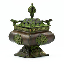Load image into Gallery viewer, Brass Verdigris Tibetan Burner - Four Symbols Square Standing Pot