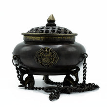 Load image into Gallery viewer, Large Brass Tibetan Burner - Four Symbol Hanging Pot