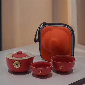 Red Money Cat Teapot Set - Two Cups - Travel Pack