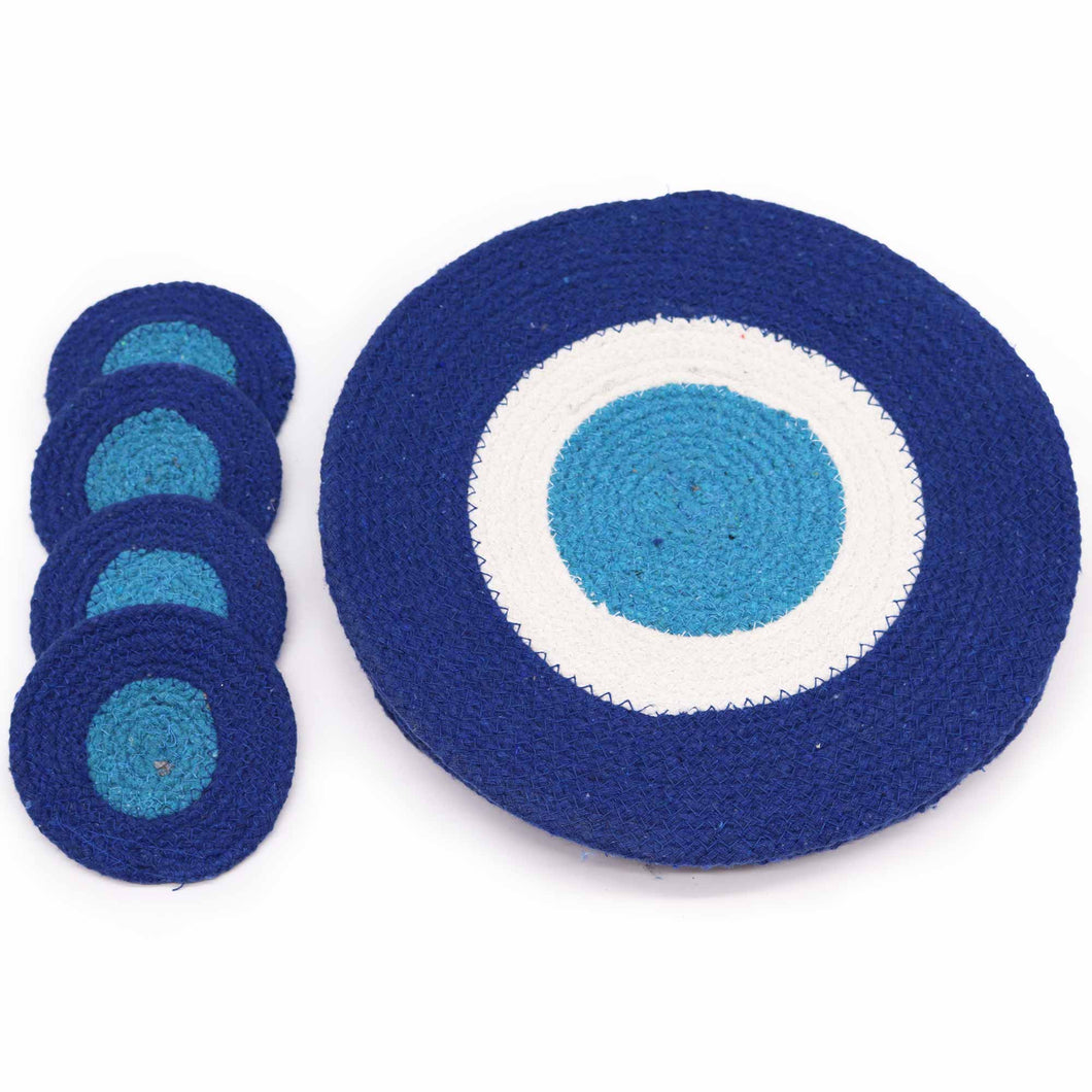 Set of 4 Evil Eye Jute Rope Coasters & Mats