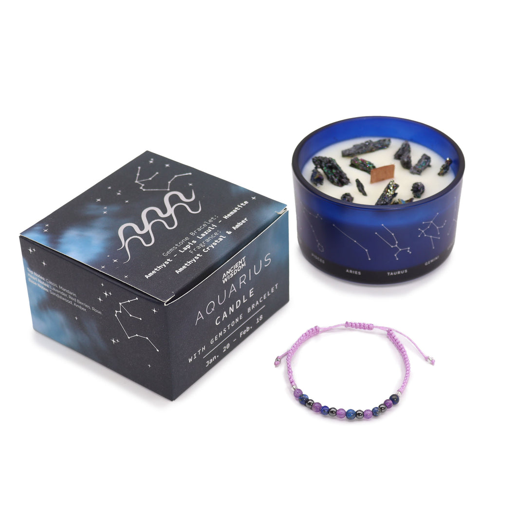 Aquarius Zodiac Crystal Candle with Gemstone Bracelet