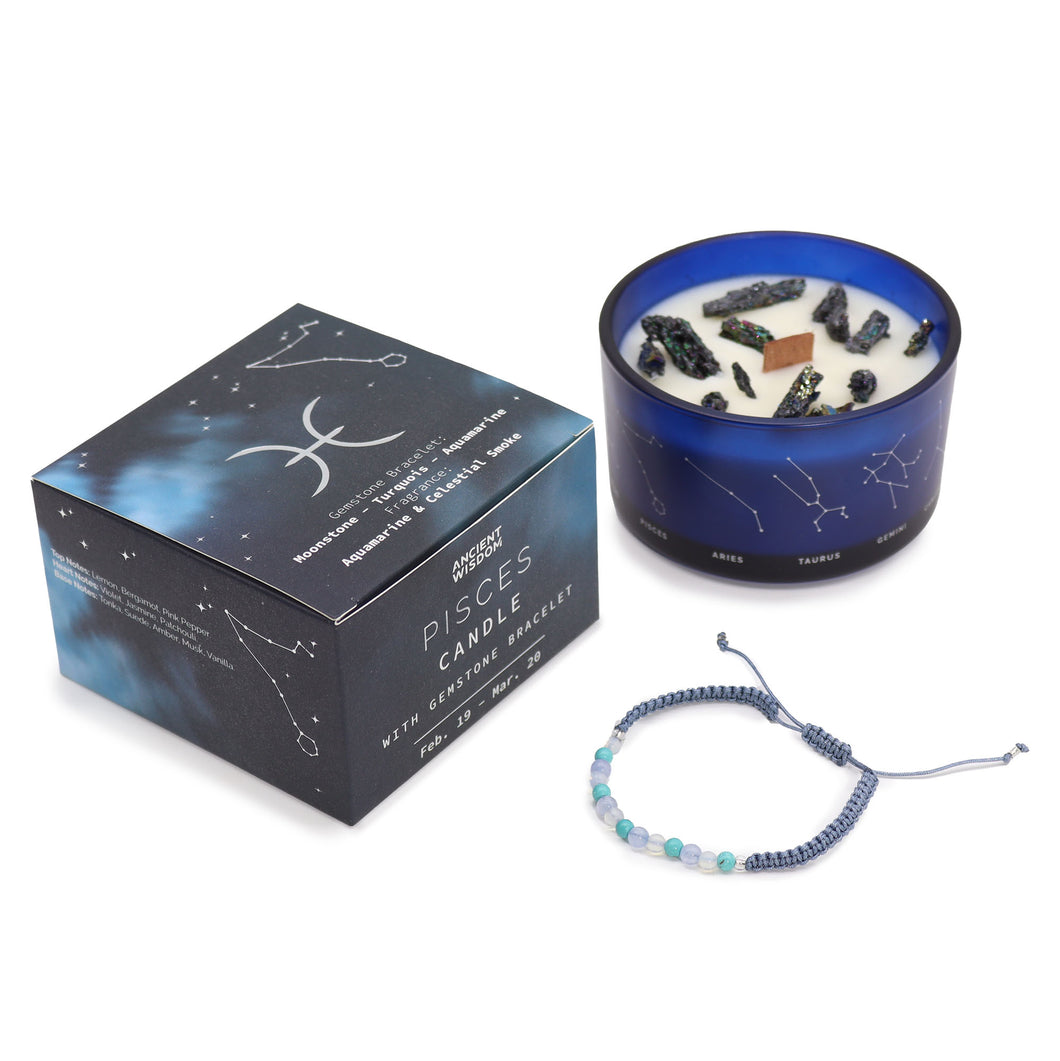 Pisces Zodiac Crystal Candle with Gemstone Bracelet