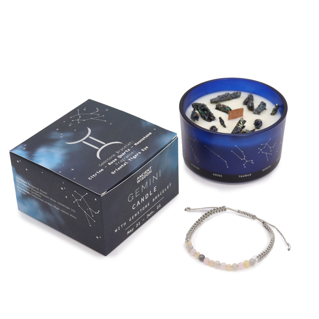 Gemini Zodiac Crystal Candle with Gemstone Bracelet