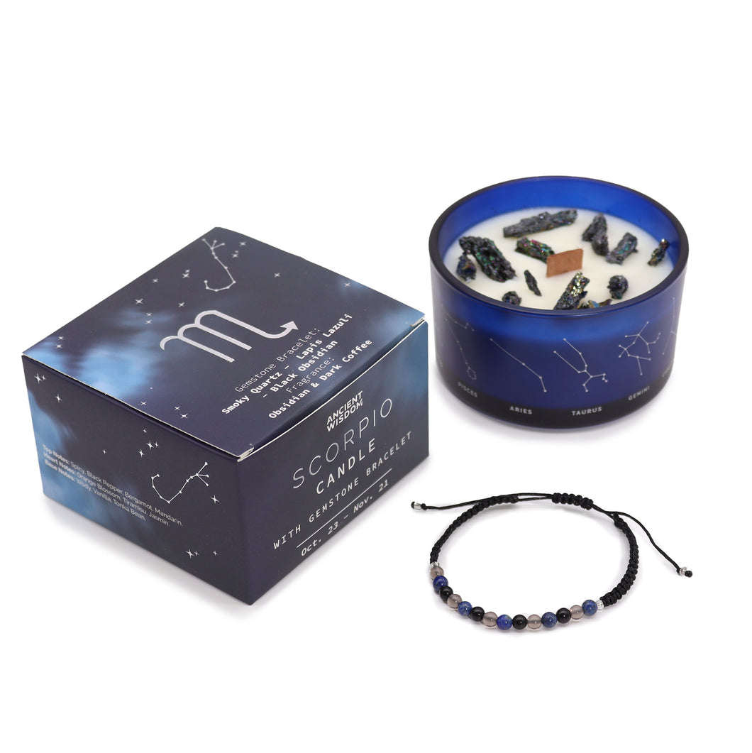 Scorpio Zodiac Crystal Candle with Gemstone Bracelet