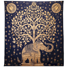 Blue Gold Elephant Jungle Double Cotton Bedspread/Wall Hanging