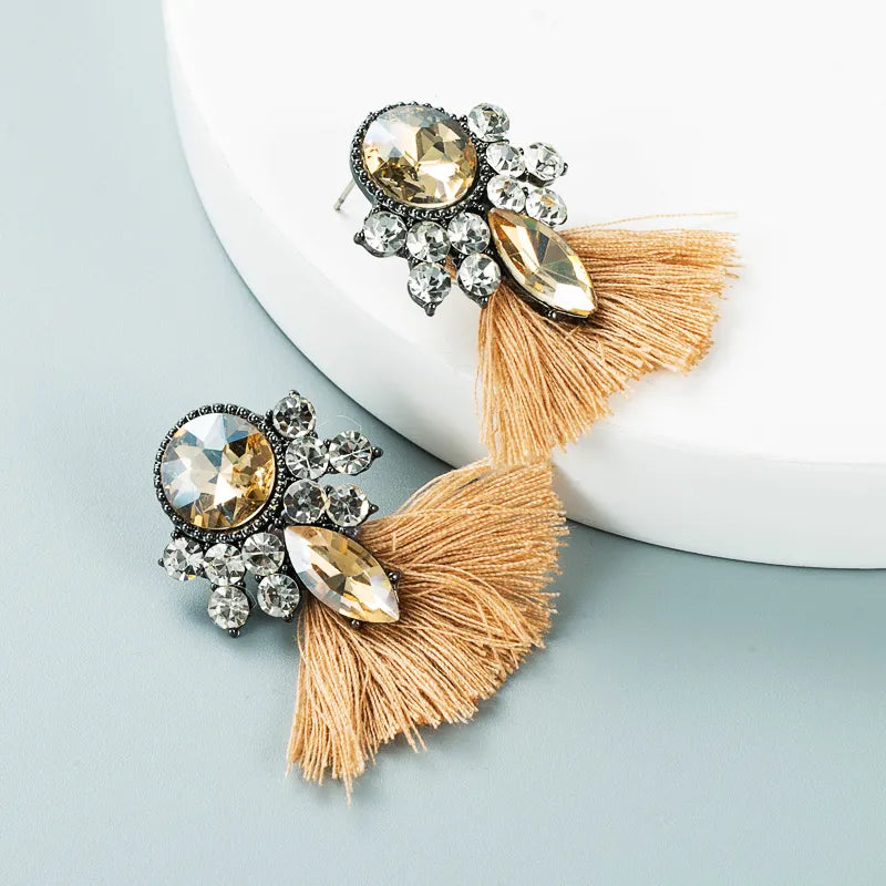 Champagne Rhinestone Fan-shaped Tassel Earrings