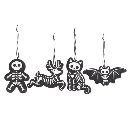 Set of 4 Black Creepy Skeleton Ornaments