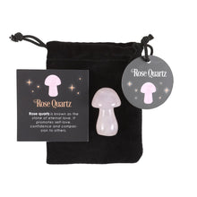 Load image into Gallery viewer, Rose Quartz Mushroom.  Harness the power of crystal healing with this Magical Crystal Mushroom crafted from polished rose quartz. This popular stone promotes self-love, confidence and compassion by fostering a sense of peace and harmony in the mind, body and soul.   Comes in a drawstring bag for easy storage with a matching informational insert card