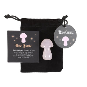 Rose Quartz Mushroom.  Harness the power of crystal healing with this Magical Crystal Mushroom crafted from polished rose quartz. This popular stone promotes self-love, confidence and compassion by fostering a sense of peace and harmony in the mind, body and soul.   Comes in a drawstring bag for easy storage with a matching informational insert card