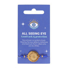 Load image into Gallery viewer, Gold Toned Evil Eye Necklace.  This stunning gold-toned All Seeing Eye string bracelet makes the perfect gift for loved ones to offer them protection and good luck wherever they go. Also known as the Evil Eye this talisman is a symbol of luck and is believed to deflect misfortune. 