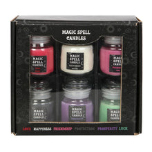 Load image into Gallery viewer, Magic Spell Candle Jar Gift Set   This captivating collection of mini spell candle jars includes six scented candles that are ideal companions for spellcasting and other rituals. Whether used for candle magick or as alternative decor, this set makes a great gift for those interested in witchcraft and spellwork. Fragrances include Love (red rose), Protection (black opium), Friendship (floral), Prosperity (lavender), Happiness (white sage) and Luck (green tea). Paraffin wax. Approximately 15-hour burn time.