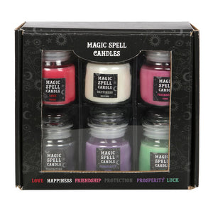 Magic Spell Candle Jar Gift Set   This captivating collection of mini spell candle jars includes six scented candles that are ideal companions for spellcasting and other rituals. Whether used for candle magick or as alternative decor, this set makes a great gift for those interested in witchcraft and spellwork. Fragrances include Love (red rose), Protection (black opium), Friendship (floral), Prosperity (lavender), Happiness (white sage) and Luck (green tea). Paraffin wax. Approximately 15-hour burn time.