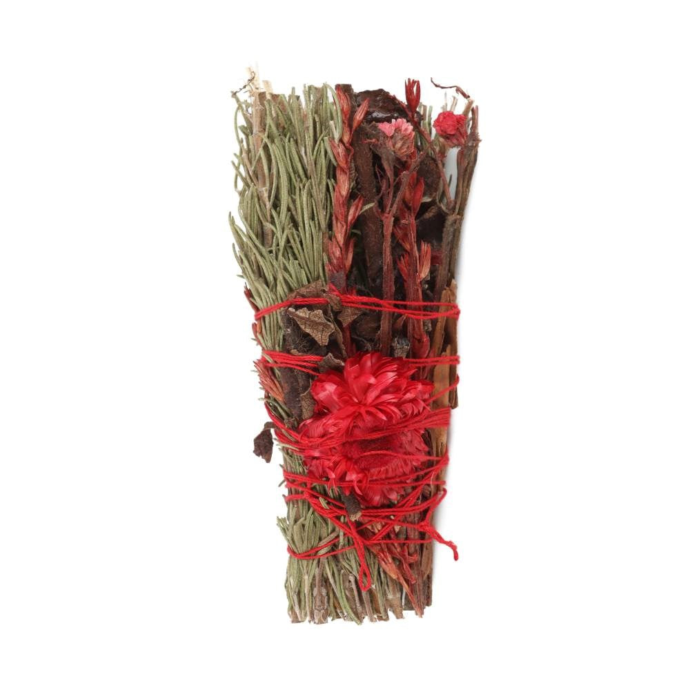 Smudge Stick with Rosemary and Red Flowers