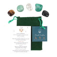 Load image into Gallery viewer, Earth Element Crystal Set.  Taurus, Virgo and Capricorn are signs ruled by the element of earth and are known to be patient and loyal. This stunning set of 5 elemental tumblestones includes Black Obsidian for clearing negativity, Clear Quartz for concentration, Tiger Eye for energy, Agate for stability and Green Aventurine for prosperity. Beautifully presented in a protective velvet drawstring bag with hang tag and informative insert card. 