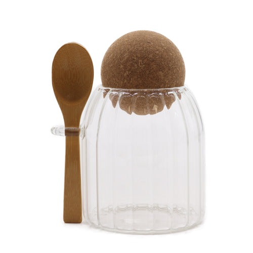 Clear Ribbed Cottage Cork Ball Glass Jar & Spoon 10cm