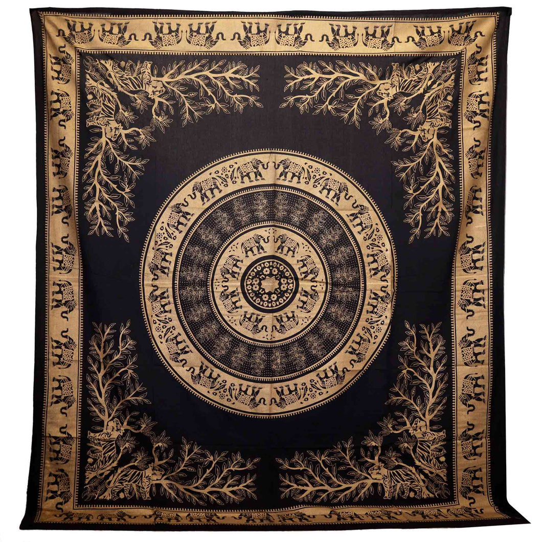 Black Gold Elephant Jungle Double Cotton Bedspread/Wall Hanging