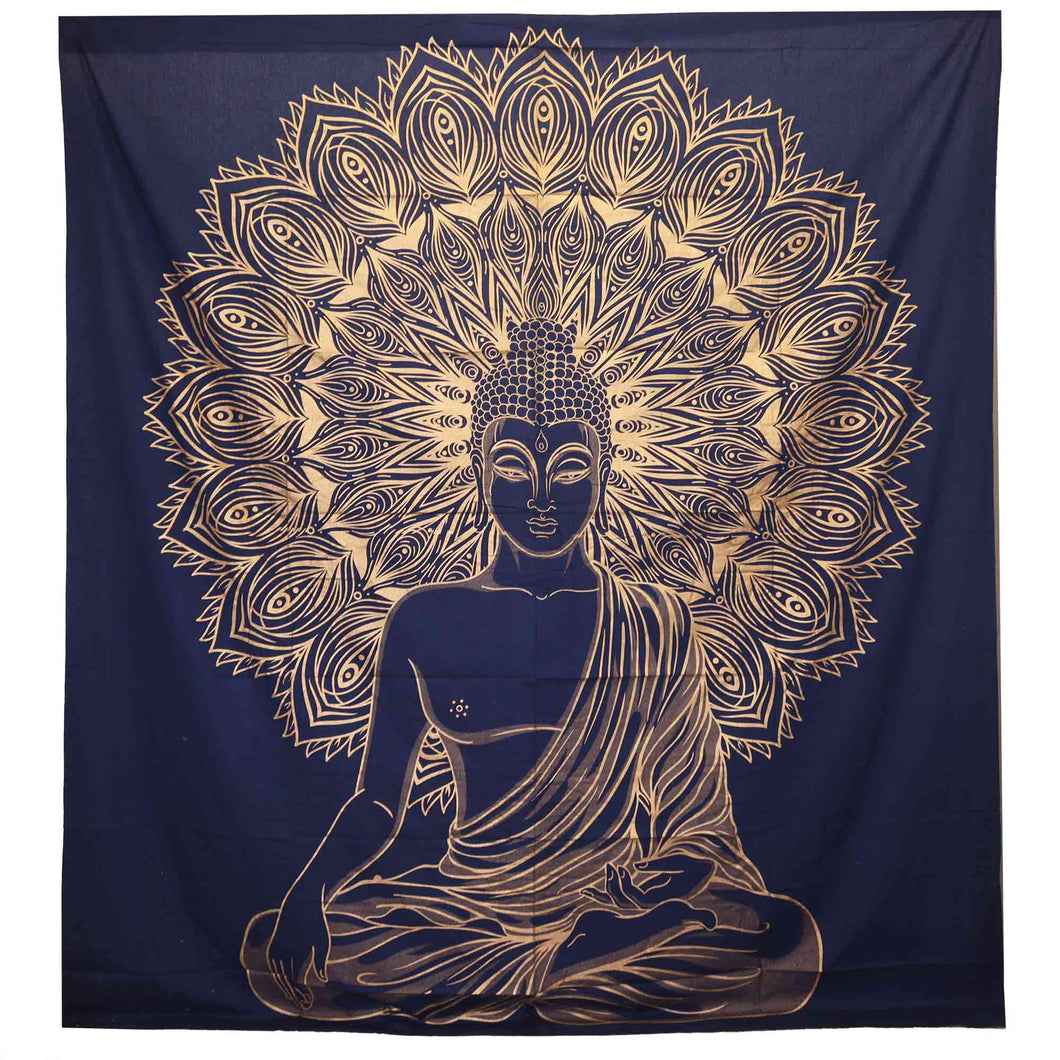 Blue Gold Buddha Double Cotton Bedspread/Wall Hanging