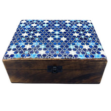 Load image into Gallery viewer, Large Blue Stars Ceramic Glazed Wooden Box