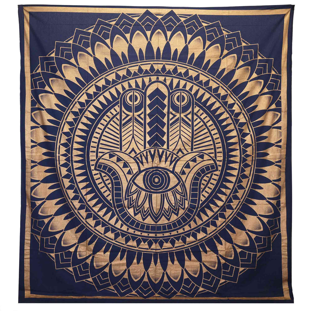 Blue Gold Hamsa Double Cotton Bedspread/Wall Hanging