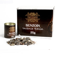 Load image into Gallery viewer, Benzoin Resin.  The smoky fragrance produced by burning Benzion Resin placed on charcoal disks is quite unique and amazingly evocative.  Burning Incense Resin: Light the charcoal and place it in your incense holder. Hold the charcoal with tongs. The charcoal will then self-ignite across the surface. When the charcoal starts to go grey around the edges this is the time to add resin.  Often people add sand to incense holder to help absorb heat.