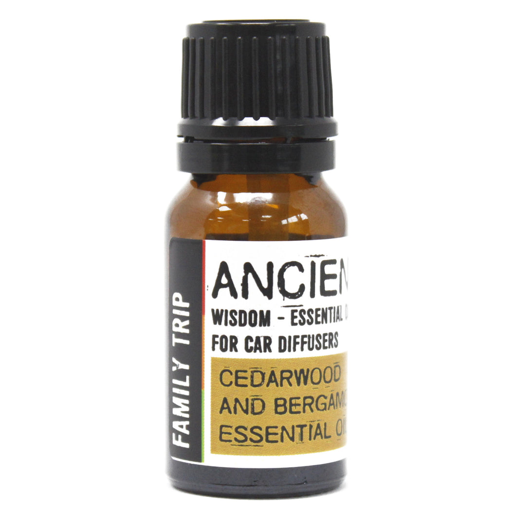 Aromatherapy Car Blend - Family Trip  Use this aromatherapy car blend with any or our car diffusers.  A beautiful blend of sweet, woody Cedarwood essential oil and citrus , fruity Bergamot essential oil may help you to reduce stress and increase alertness, both very useful on busy driving trips with your family and friends.