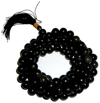 Black Agate Mala Beads.  The Mala is a rosary containing 108 beads. It is used for keeping count while reciting, chanting, or mentally repeating a mantra or name/s of a particular deity, a practice known in Sanskrit as japa.