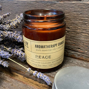 PPeace Aromatherapy Candle.  Made with 100% pure Lavender and Geranium essential oil.  These Vegan Aromatherapy Candles are made with Pure Essential Oils and Natural Soy Wax.