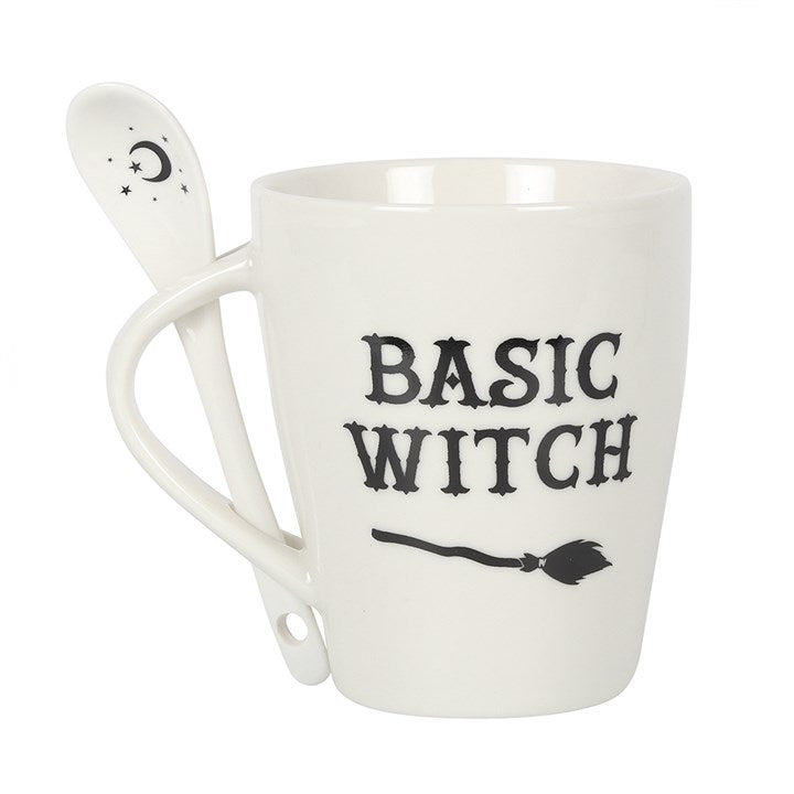 Basic Witch Mug and Spoon Set.  This bewitching mug and spoon set will add a pinch of magic to every cuppa. Style features 'Basic Witch' text and matching teaspoon with a mystical moon and star design that fits perfectly in a slotted handle.