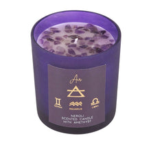 Load image into Gallery viewer, Air Element Neroli Crystal Chip Candle.  Representing the 3 air signs, Gemini, Libra and Aquarius, this lidded candle comes in a lovely neroli fragrance with amethyst crystal chips and features the elemental symbol for air and its matching zodiac signs.  Paraffin wax.