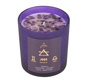 Air Element Neroli Crystal Chip Candle.  Representing the 3 air signs, Gemini, Libra and Aquarius, this lidded candle comes in a lovely neroli fragrance with amethyst crystal chips and features the elemental symbol for air and its matching zodiac signs.  Paraffin wax.