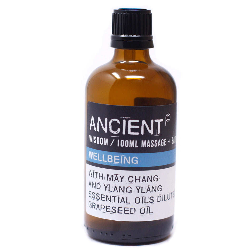 Wellbeing Massage Oil.  These Massage Oils are blended in Grape Seed Oil.  Contains 100ml.  May Chang Ylang Ylang